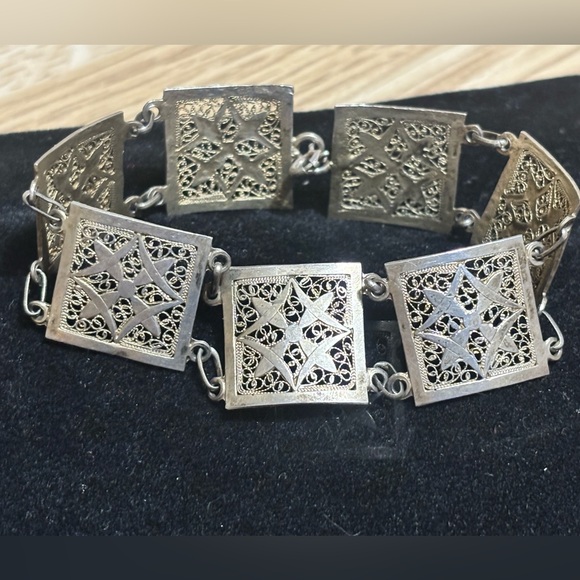Antique Silver 925 Estate Filigree Panel Bracelet Flock Of Birds With Go…